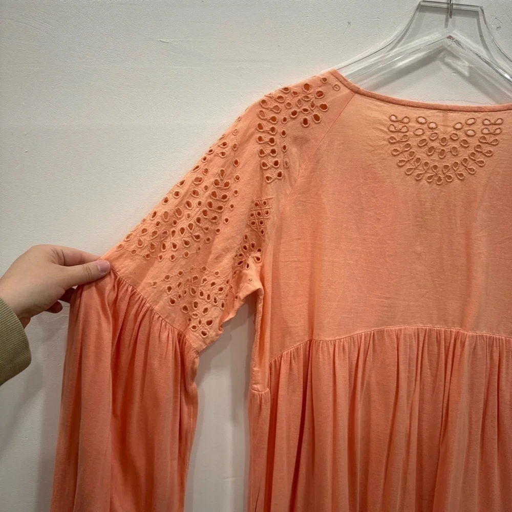 Free People Sea Of Love Top Eyelet Embroidered Fell Sleeve High Low Medium
